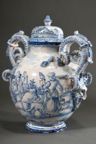 Savona Fayence Vase mit doppelten Schlangenhenkeln über Maskarons seitlich am ovoiden Korpus, kobal