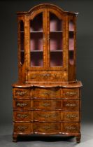 Dresden Baroque cabinet with triple curved 4-tier chest of drawers and glazed top with arched pedim