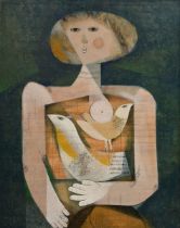Briss, Samuel (*1930) "Woman with bird" ca. 1995, oil/wood (gridded), sign. b.r., magnificent frame