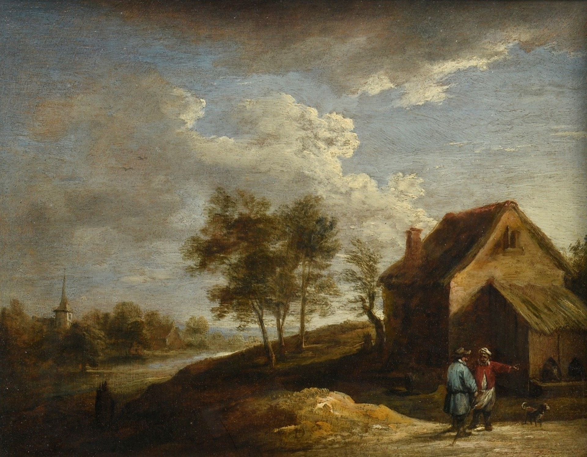 Teniers, David d. Jüngere (1610-1690) "Flußlandschaft mit Bauernkate und Personen", Öl/Holz, parket