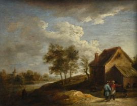 Teniers, David d. Jüngere (1610-1690) "Flußlandschaft mit Bauernkate und Personen", Öl/Holz, parket