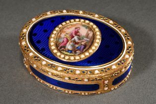 Oval snuff box with fine painting tondo "Couple at the Altar of Love" on the lid and blue guilloché