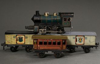 4 Teile Modelleisenbahn Spur 1, wohl Mitte 20. Jh., bestehend aus: Bing Dampflokomotive mit Uhrwerk