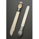 2 Various ivory letter openers, c. 1900: 1x with florally embossed silver handle (London 1890, l. 3