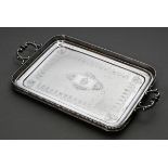 Rectangular historism tray with lattice rim and floral engraved plate, W. Lameyer, silver 800, 612g