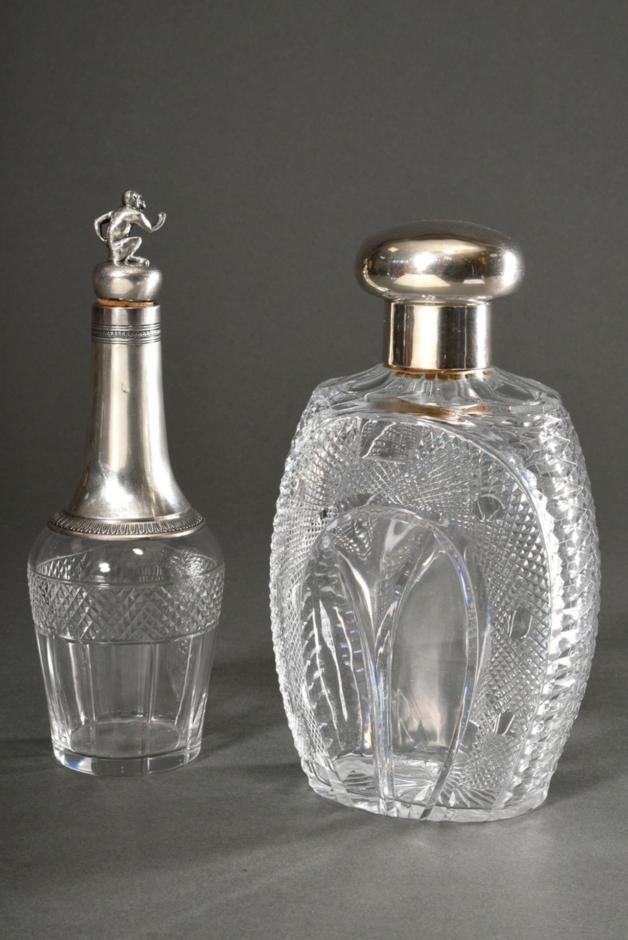 2 Various crystal carafes with rich cuts and silver-plated mountings and corks, 1x with a sculpted 