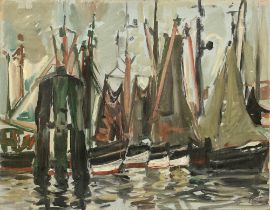 Reimer, Tom (1906-1975) "Segelschiffe im Hafen" 1960er Jahre, Öl/Malplatte, u.r. sign./dat., 50x64c