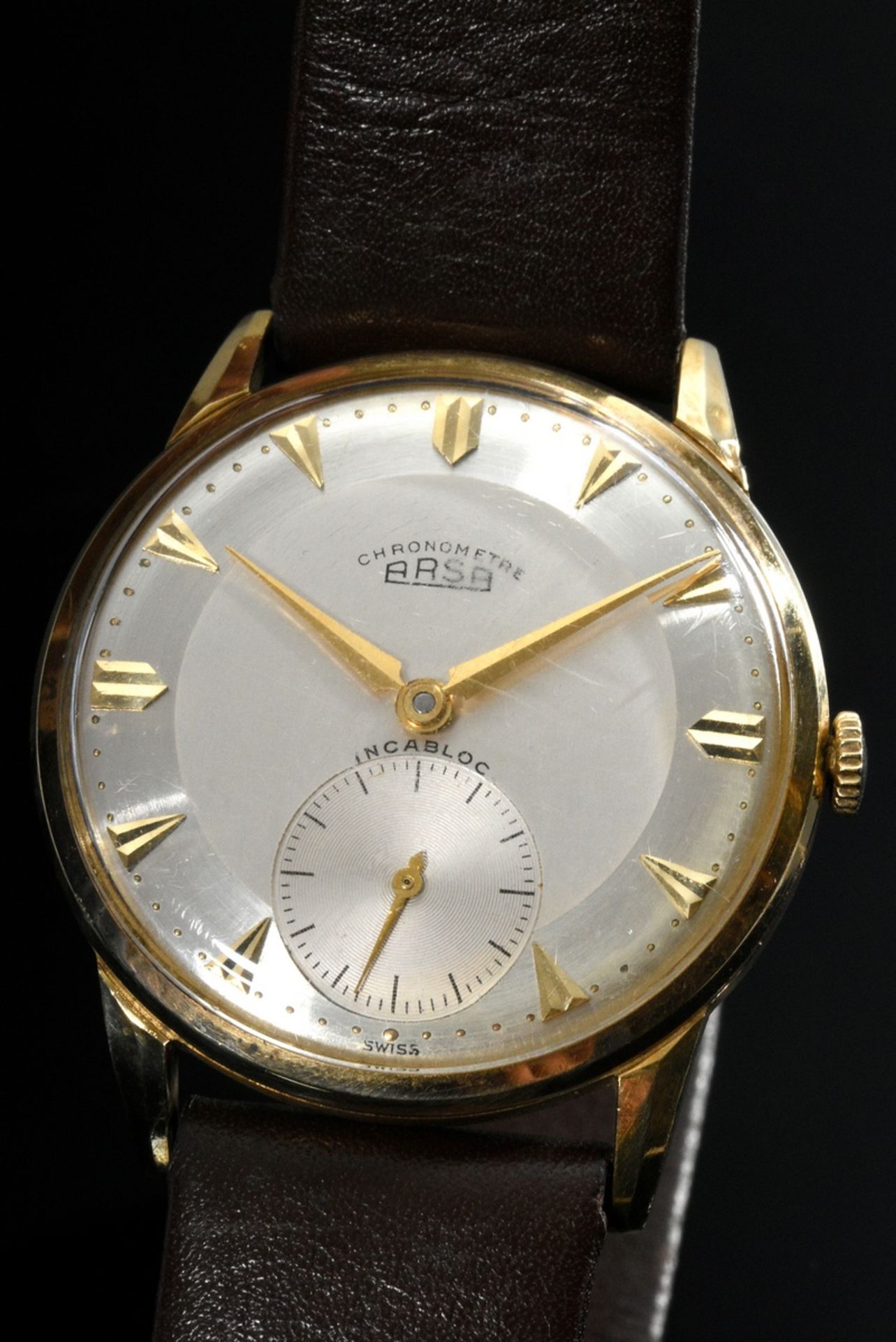 Gelbgold 750 Arsa Chronometer Armbanduhr, Handaufzug, kleine Sekunde, Pfeilindizes, braunes Lederba - Bild 4 aus 4