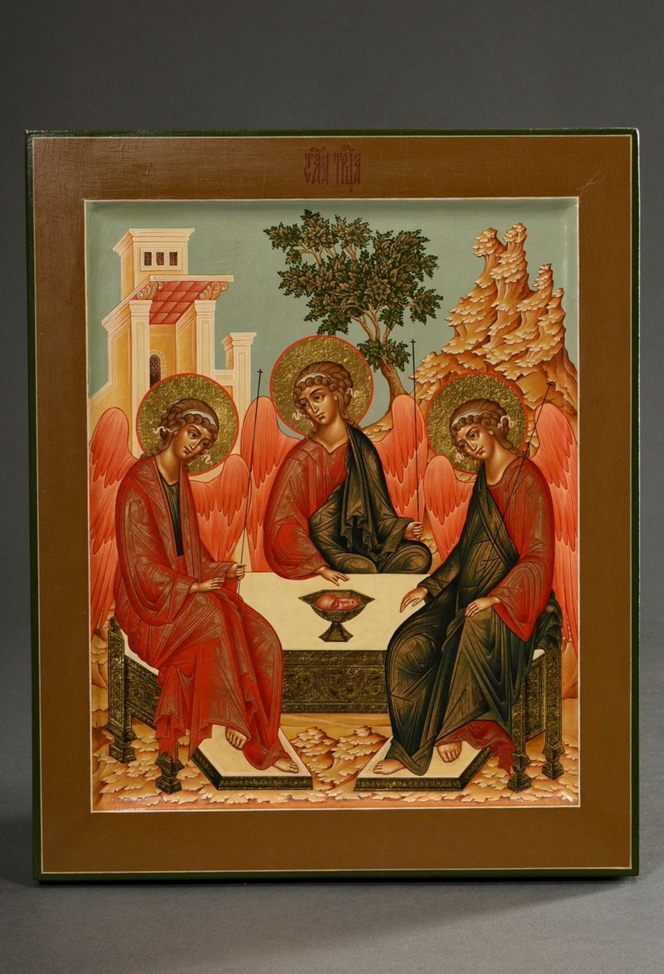Russische Ikone "Heilige Dreifaltigkeit", alttestamentlicher Typus, 2002 nach altem Vorbild gemalt, - Bild 2 aus 6
