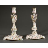 Pair of KPM candelabra in twisted rococo form with polychrome painting "Blossoms and Insects", gold
