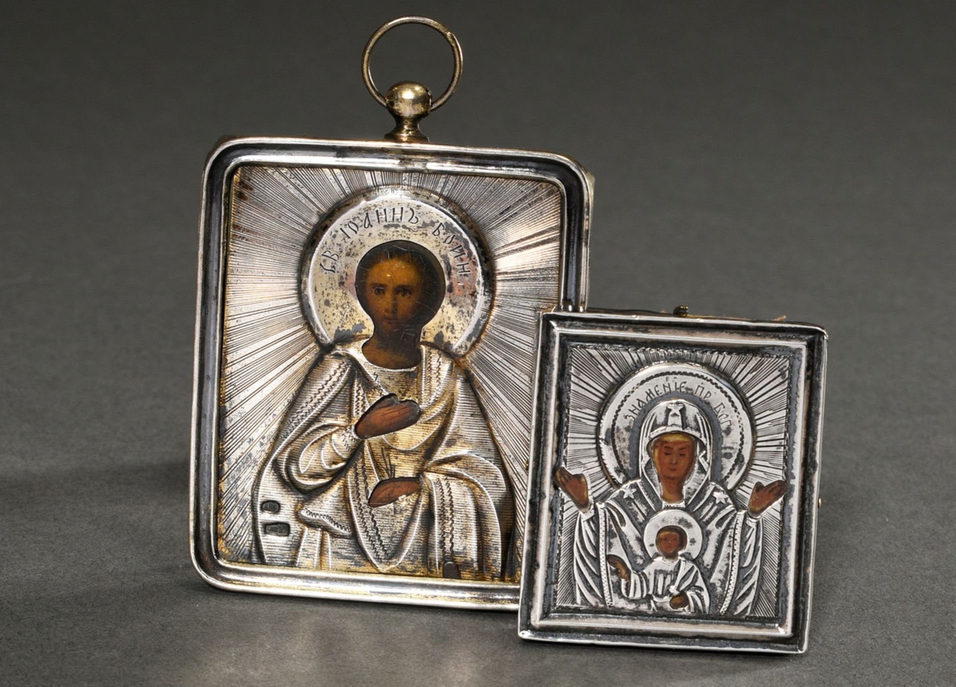 2 Various Russian miniature icons "Christ Pantocrator" and "Mother of God", egg tempera on chalk gr