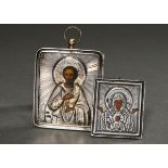 2 Diverse russische Miniatur Ikonen "Christus Pantokrator" und "Muttergottes", Eitempera auf Kreide
