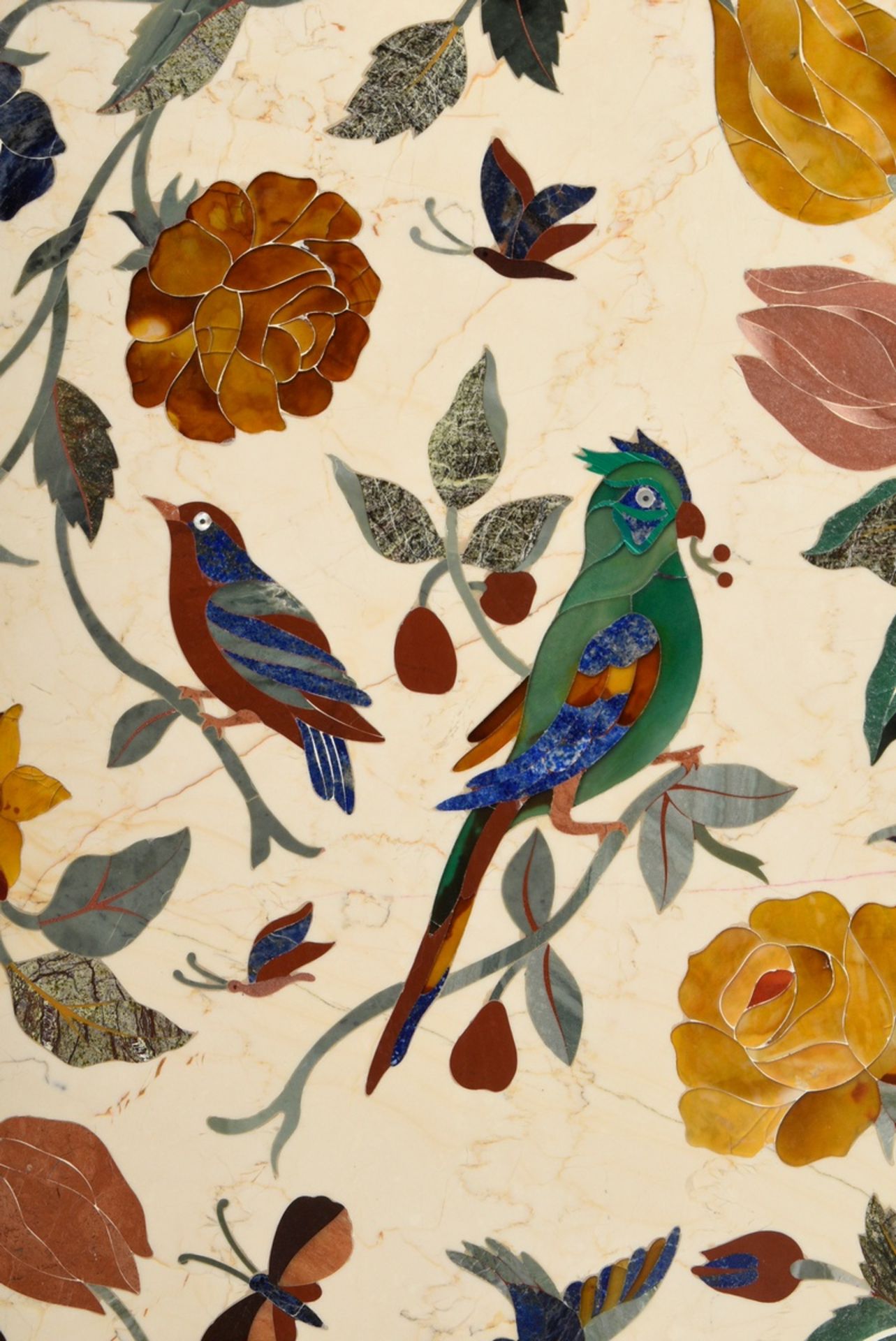 Rechteckige Tischplatte mit opulent dekorierter Pietra Dura Arbeit "Vögel in Blütenranken", verschi - Bild 2 aus 7