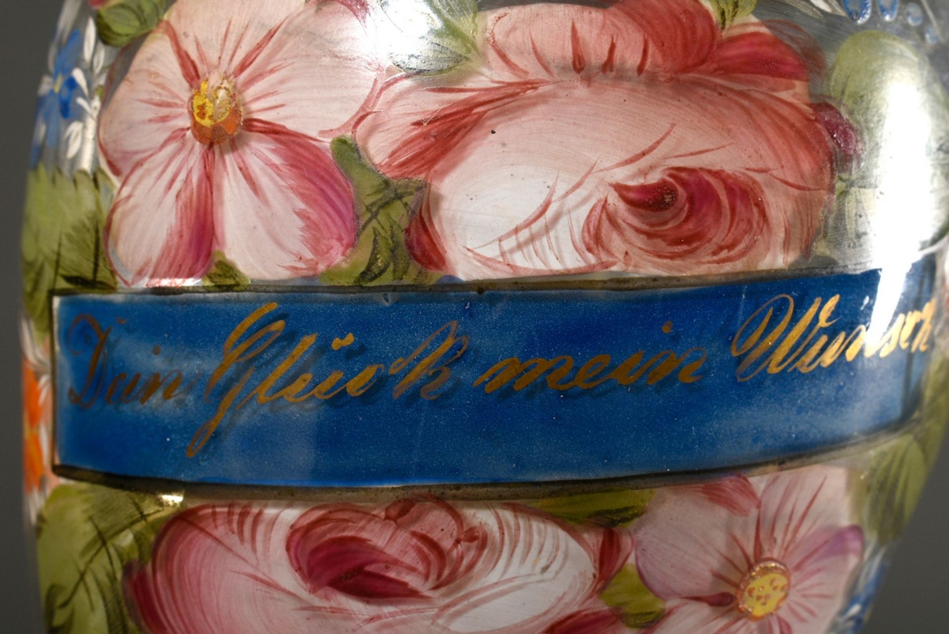 Biedermeier glass tankard with polychrome enamel painting bouquet of flowers and banner "Dein Glück - Image 7 of 8