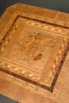 Square side table with marquetry top "St George slays the dragon", 72.5x60x60cm, top slightly damag