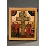 Central Russian Staurothek Icon "Crucifixion of Christ on Mount Golgotha" with bronze crucifix in c