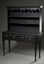 Small dresser with attached plate shelf and 2 drawers over curved legs with padfeet, dark painted s