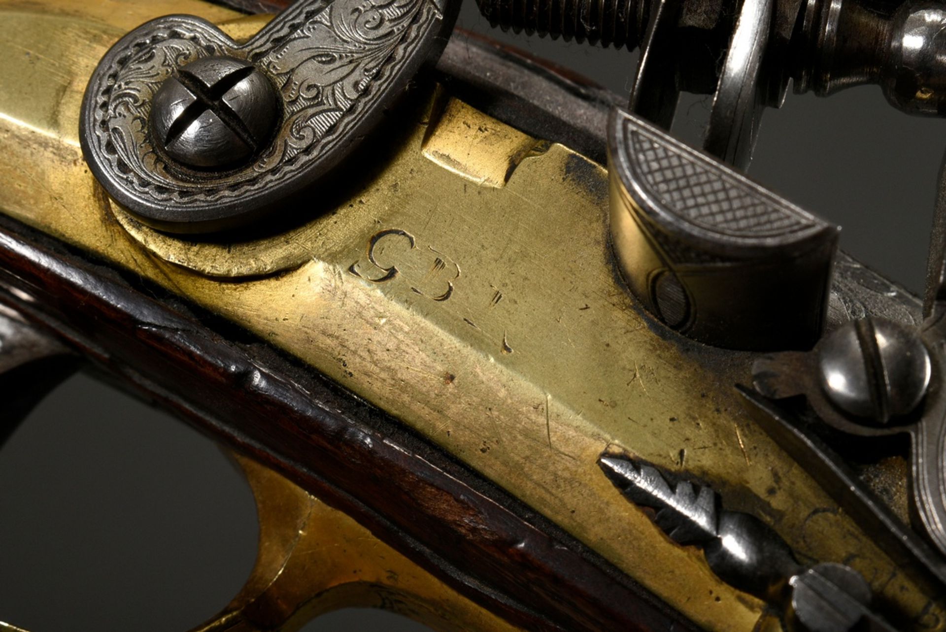 Muzzle loading flintlock cavalry pistol with iron barrel and brass gilt, finely engraved fittings " - Image 21 of 21