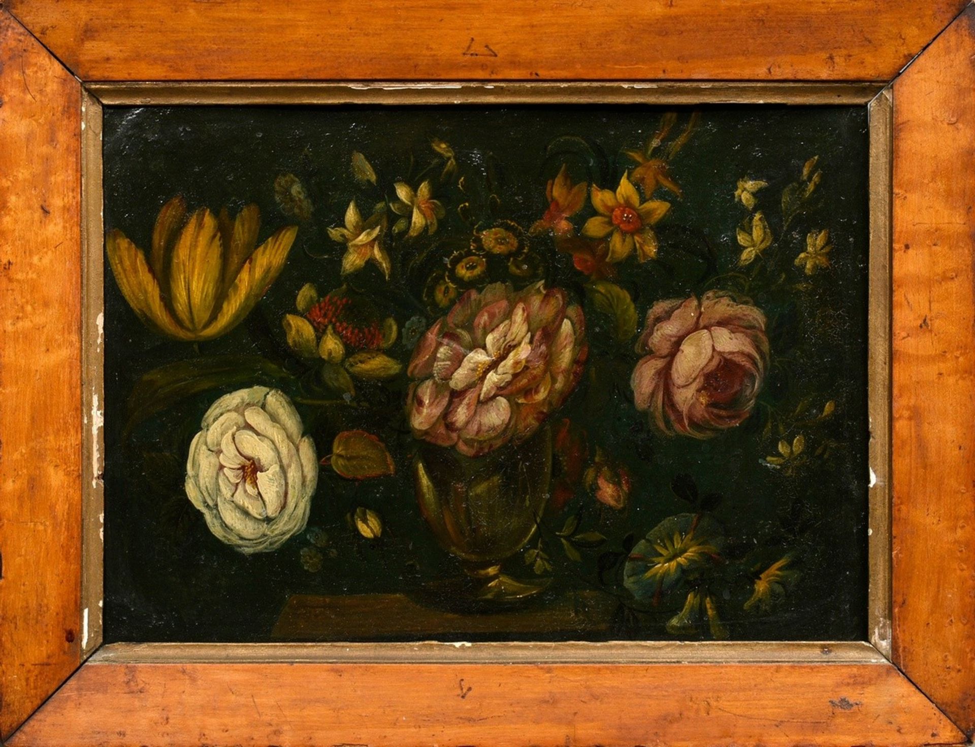 Unknown artist of the 18th c. "Flower still life in vase", oil/metal, 25,5x35,8cm (w.f. 33,5x44cm), - Image 2 of 3