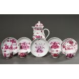 5 Pieces Rauenstein, Wallendorf and Tettau porcelain with crimson camaieu decoration on broken rod 