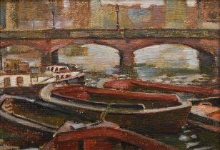 Rode, Heinrich (1906-1983) „Hamburger Fleet mit Brücke und Schuten“, Öl/Leinwand (Rupfen), u.l. sig