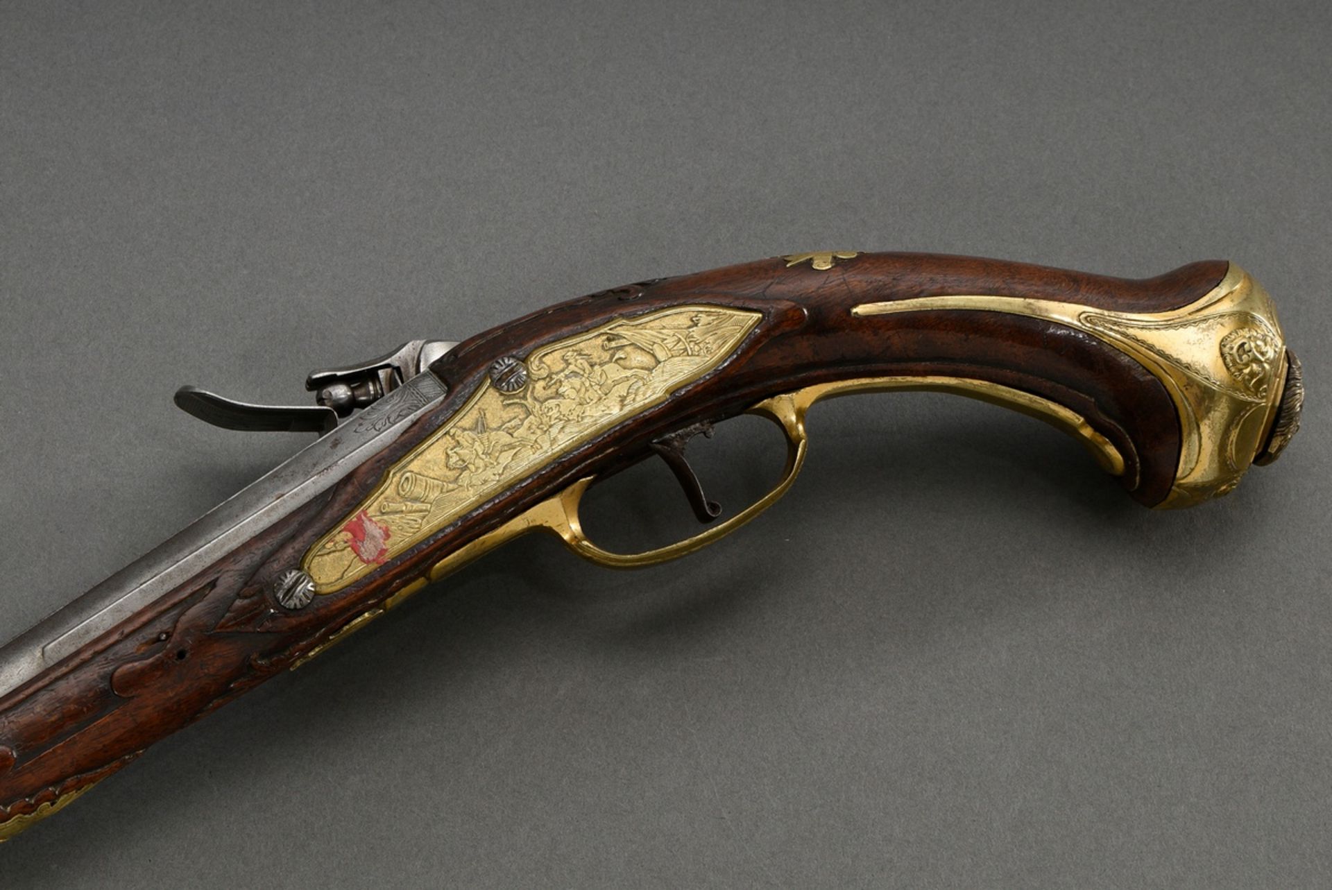 Muzzle loading flintlock cavalry pistol with iron barrel and brass gilt, finely engraved fittings " - Image 3 of 21