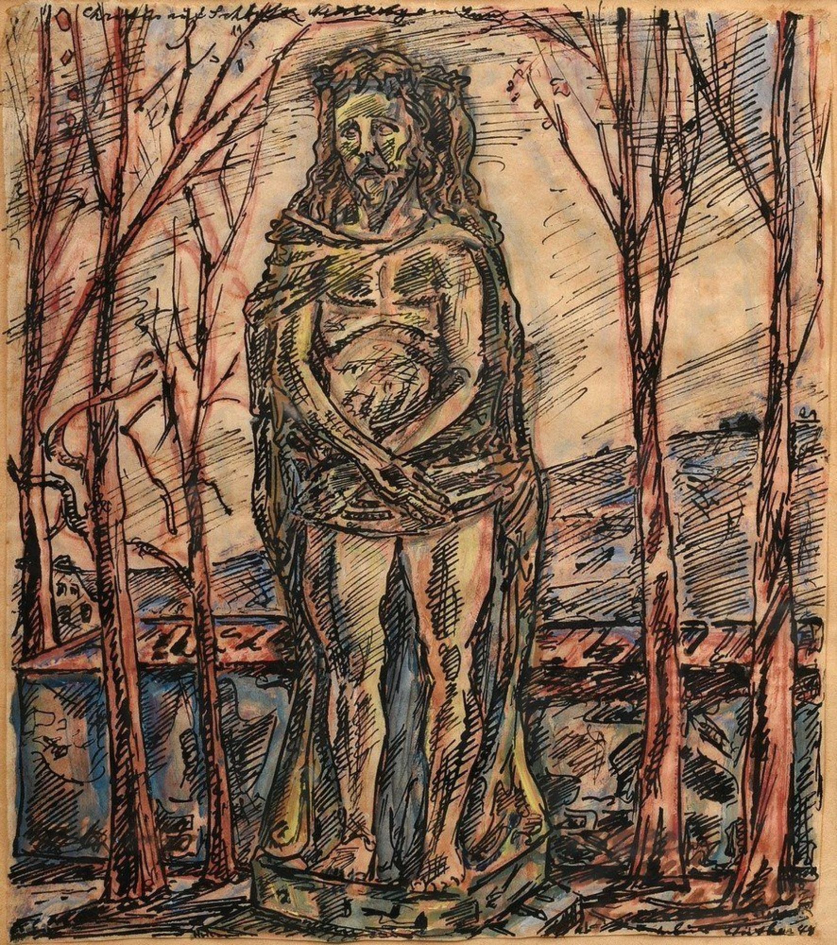 Hüther, Julius (1881-1954) "Christus at Schloss Neuburg am Inn" 1948(?), ink/coloured pencil/waterc