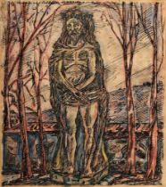 Hüther, Julius (1881-1954) "Christus bei Schloss Neuburg am Inn" 1948(?), Tinte/Buntstift/Aquarell,