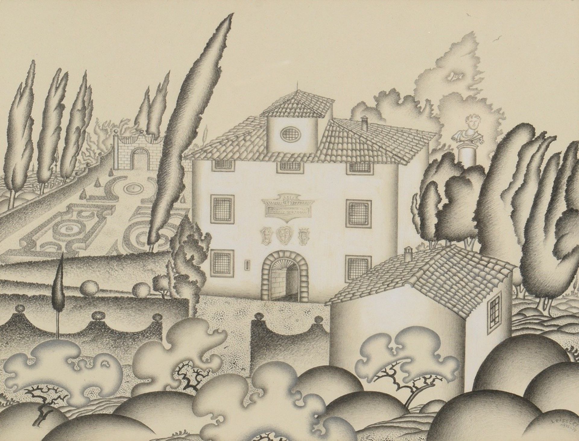 Leissler, Arnold (1939-2014) "Country house in Fiesole" 1976/77, pencil/silverpoint on cardboard, h