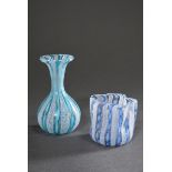 2 various small glass vases in baluster and fazzoletto form with fused white Zanfirico rods, blue a