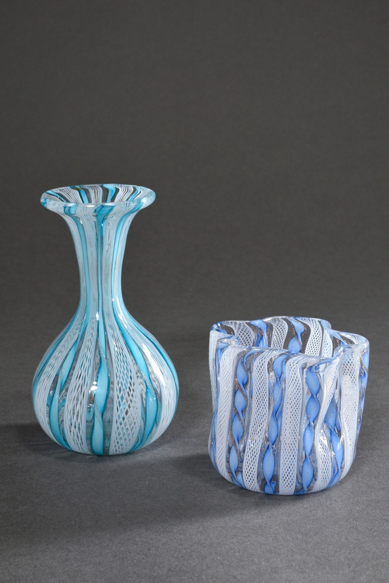 2 Diverse kleine Glas Vasen in Baluster und Fazzoletto Form mit eingeschmolzenen weißen Zanfirico S