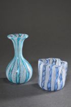 2 various small glass vases in baluster and fazzoletto form with fused white Zanfirico rods, blue a