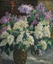 Eitner, Ernst (1867-1955) „Syringen" (Stillleben mit Flieder in Vase), Öl/Leinwand (Rupfen), u.r. s