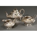 3-Piece Irish tea set with opulently embossed decoration, engraved family crest "dragon" and floral