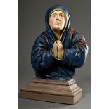 Baroque bust "Praying Mother of God" on stepped plinth, presumably North German 18th c., painted oa