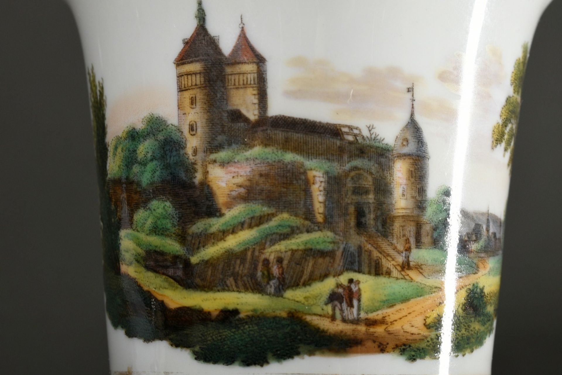 Meissen Biedermeier cup/saucer with flawless depiction of "Stolpen", 19th c., h. 9cm, rubbed gold r - Image 6 of 6