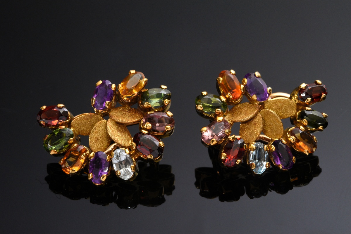 Pair of H. Stern yellow gold 800 earclips in fan facon with topazes, citrines, amethysts and garnet - Image 3 of 3