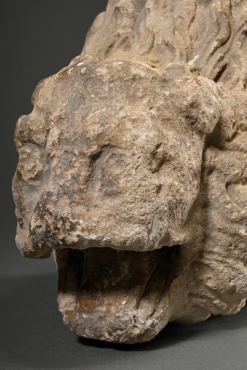 Spätmittelalterliche Sandstein Säulenbasis „Liegender Löwe mit aufgerissenem Maul“, 45x34x20cm, sta - Bild 6 aus 11