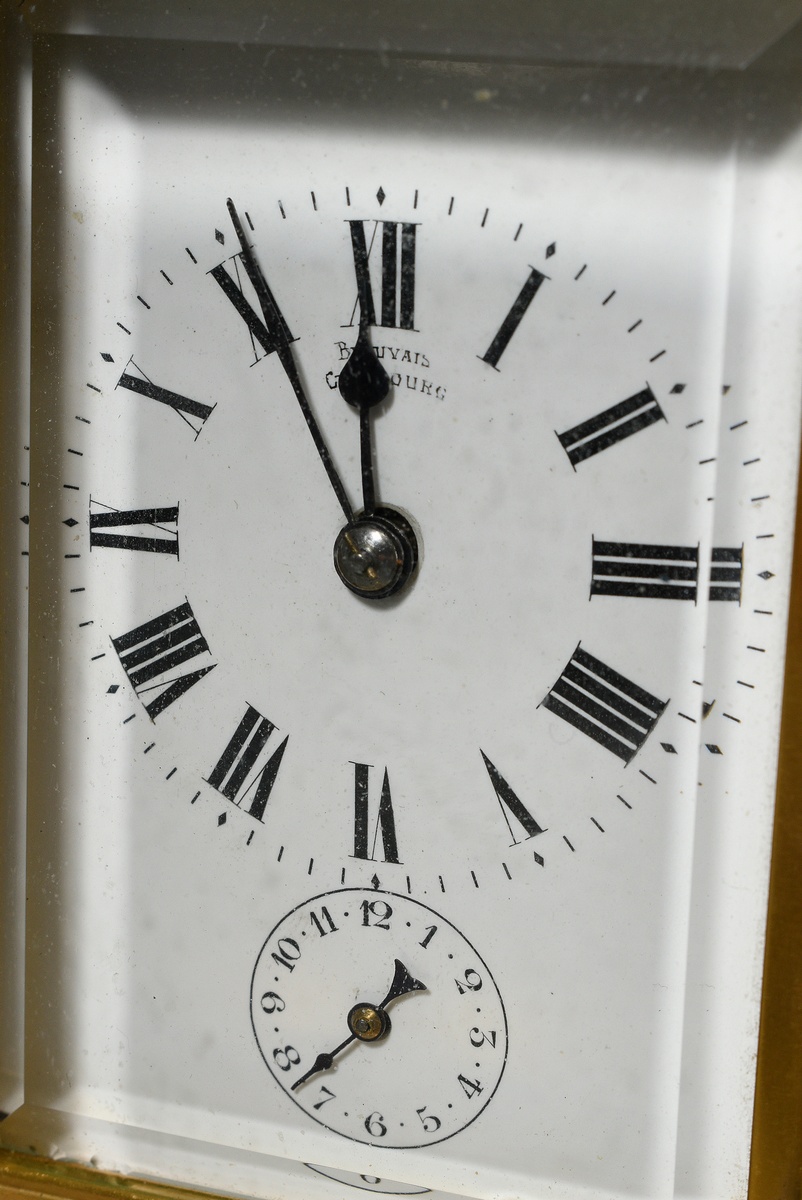 French travel alarm clock in all-round facet glassed and gilded brass case, enamelled dial with Rom - Image 3 of 7