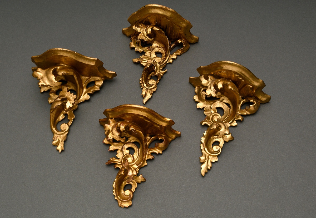 4 Various gilded wall brackets in Baroque style, Florence approx. 1900/1920, carved wood, h, 14-16.