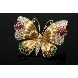 Decorative yellow gold 750 "butterfly" needle with diamonds (total approx. 3.30ct/VSI/TW), emeralds
