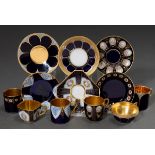 6 Various moch cups/saucers with different floral-ornamental gold decorations and polychrome painte