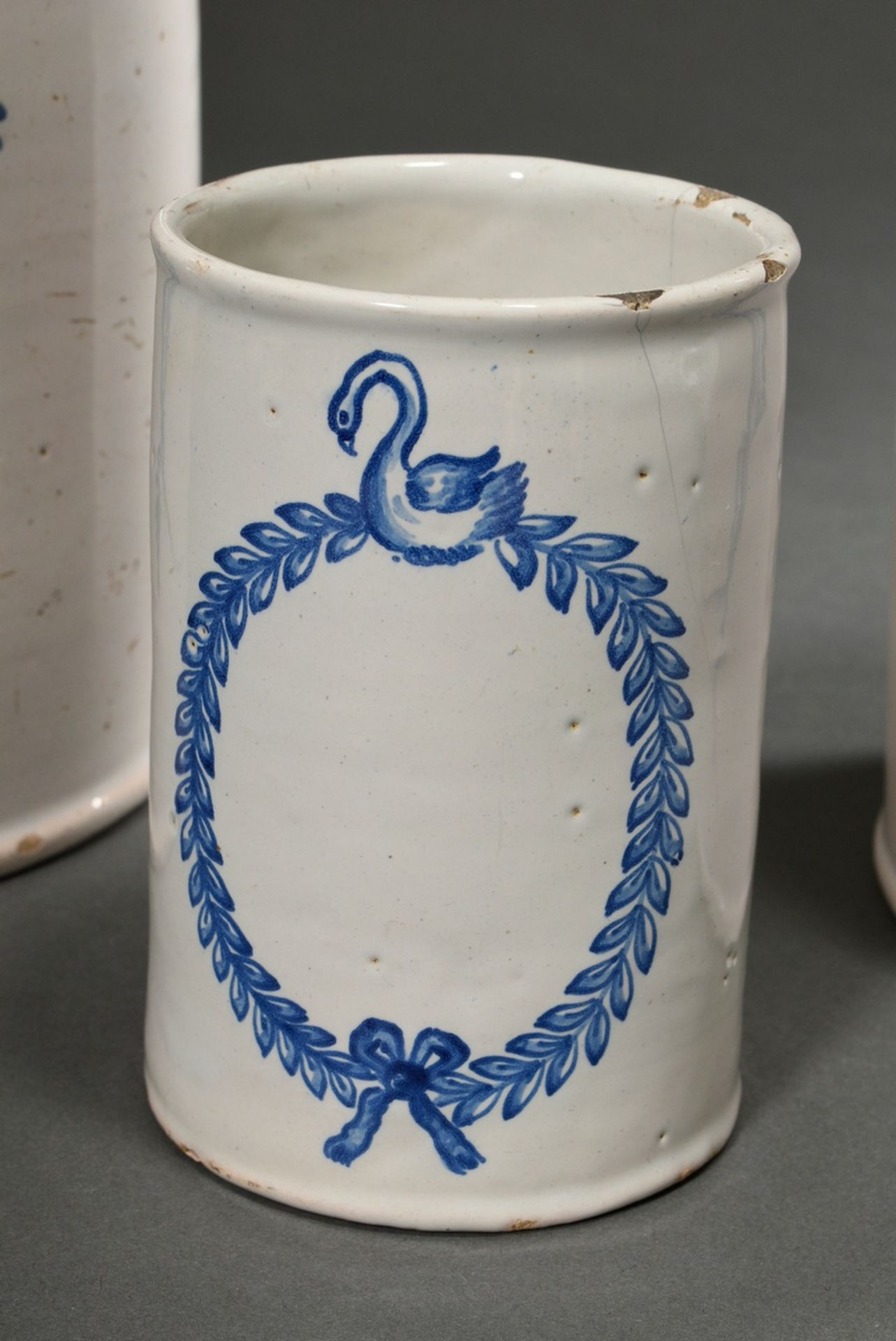 3 Various cylindrical faience pharmacy vessels with blue painted cartouches, c. 1800, 1x with lid,  - Image 2 of 14