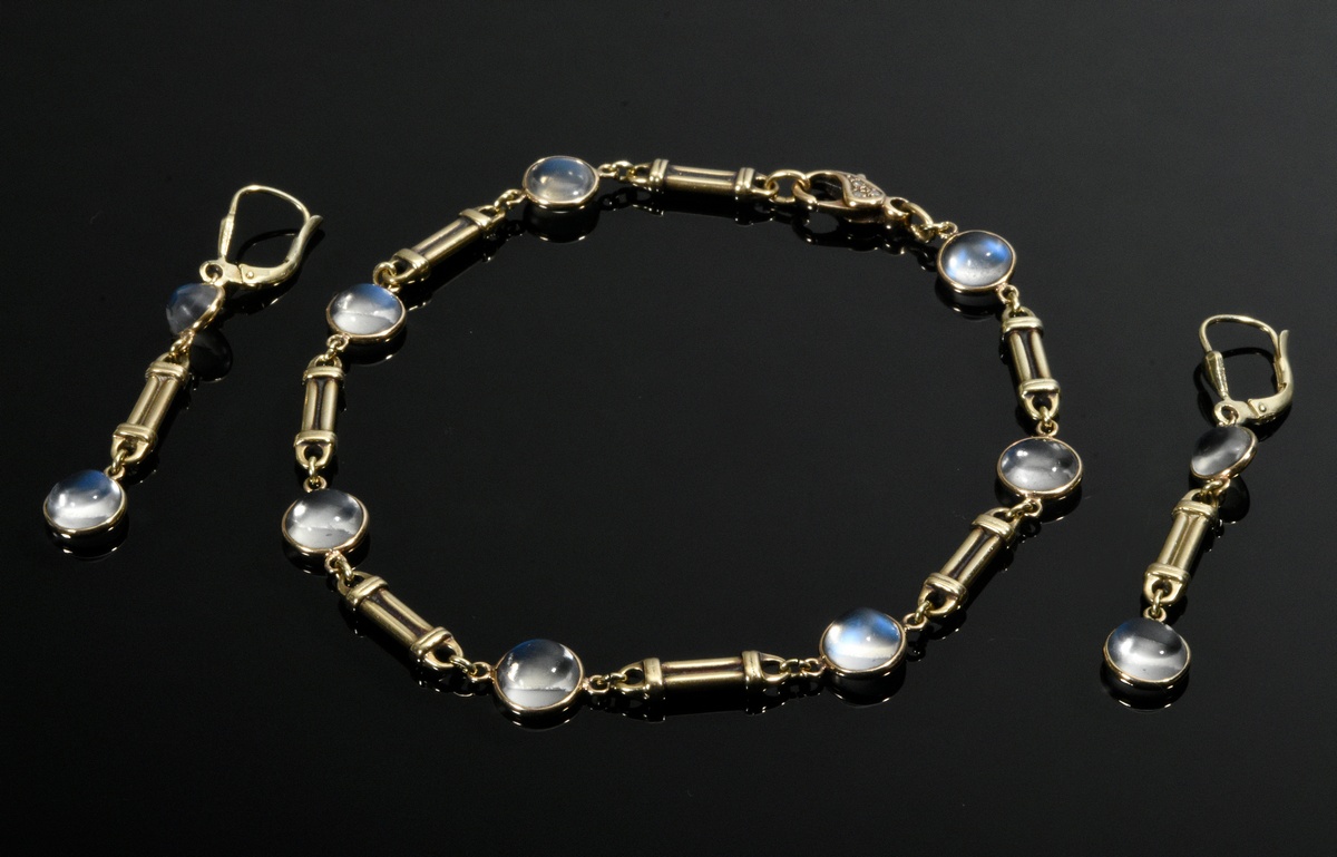 3 Pieces yellow gold 585 jewelry with moonstone cabochons: bracelet with small octagonal diamonds (