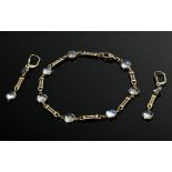 3 Pieces yellow gold 585 jewelry with moonstone cabochons: bracelet with small octagonal diamonds (