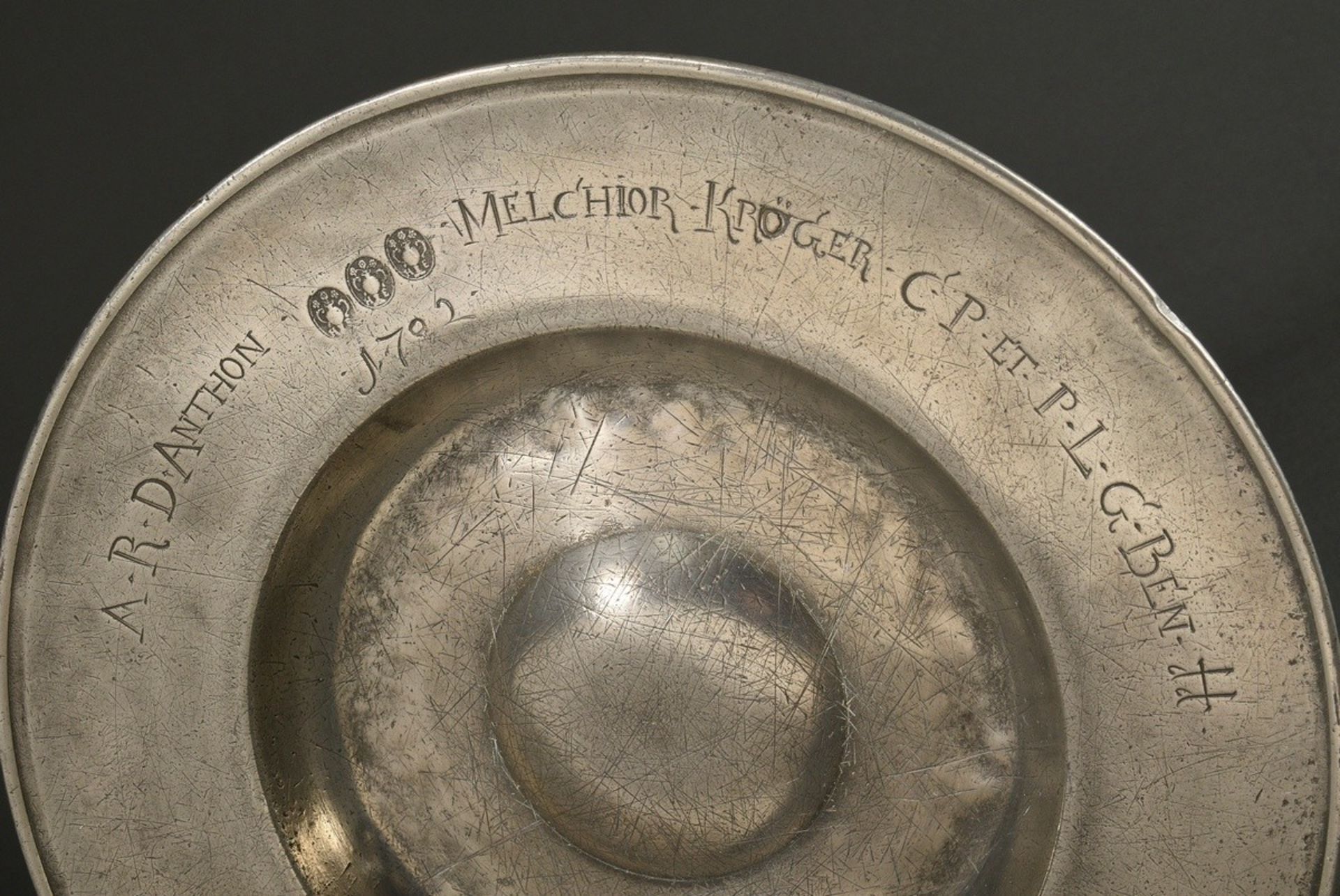 3 pewter wide rim plates with a humped centre, each dated and marked on the rim "A.R.D. Anthon Melc - Image 6 of 8
