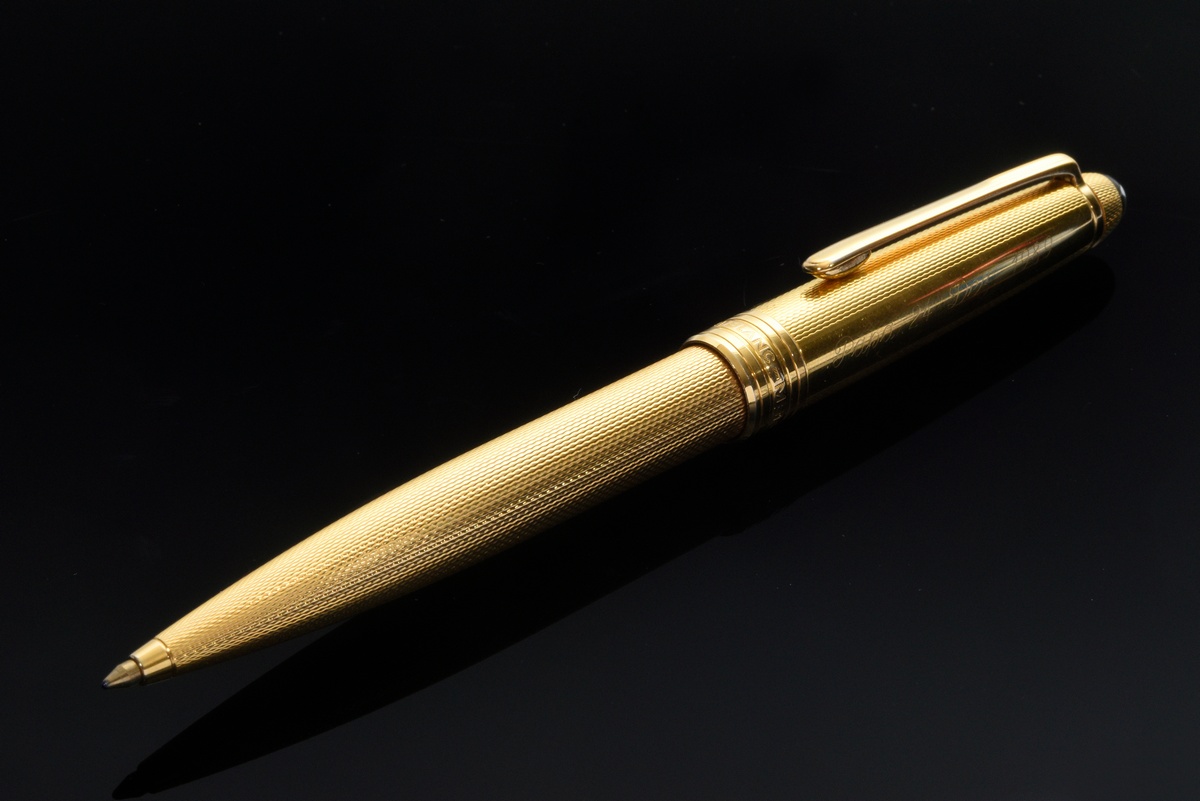 Montblanc Meisterstück Dreh-Kugelschreiber mit Clip, vergoldet, Gravur auf dem Clip, fein guillochi