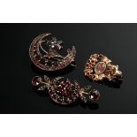 3 Various tombac and double needles with garnet, 19th century, one with small glass medallion, 2.5-