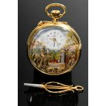 Reuge music pocket watch with alarm clock, music box and figurine automaton in silver-gilt case wit