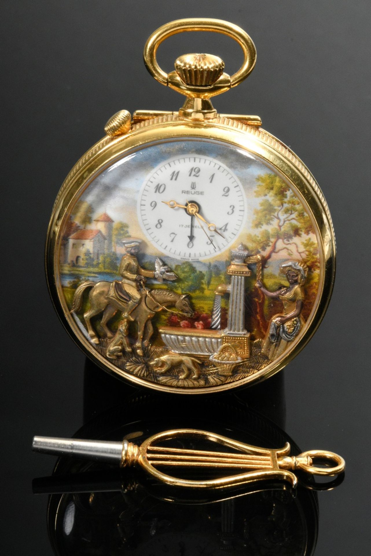 Reuge music pocket watch with alarm clock, music box and figurine automaton in silver-gilt case wit